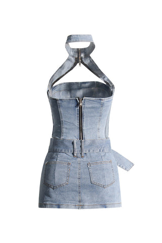 Cutout Zip Up Halter Crop Buckle Belt Two Piece Denim Micro Mini Dress