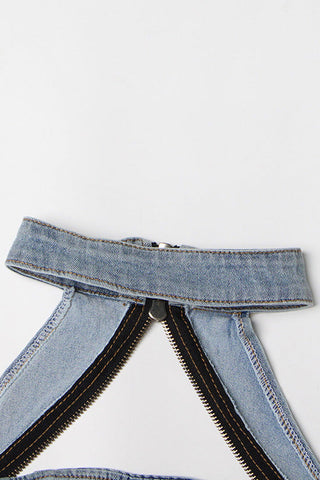 Cutout Zip Up Halter Crop Buckle Belt Two Piece Denim Micro Mini Dress