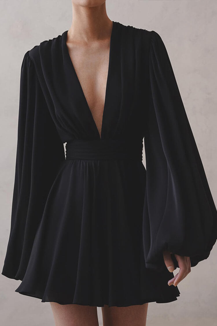 Deep V Balloon Sleeve Ruched Cinch High Waist Flared Party Mini Dress