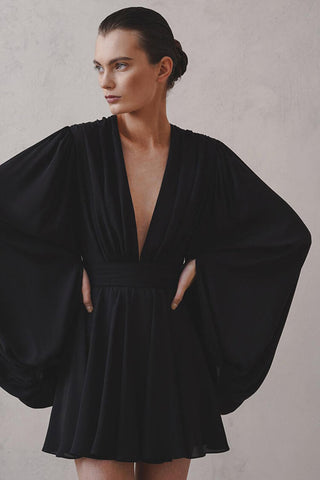 Deep V Balloon Sleeve Ruched Cinch High Waist Flared Party Mini Dress