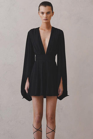 Deep V Balloon Sleeve Ruched Cinch High Waist Flared Party Mini Dress