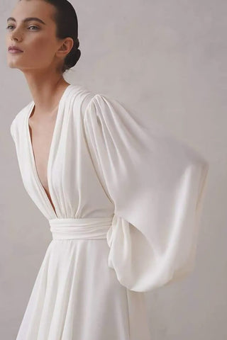 Deep V Balloon Sleeve Ruched Cinch High Waist Flared Party Mini Dress