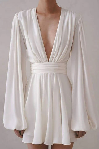 Deep V Balloon Sleeve Ruched Cinch High Waist Flared Party Mini Dress