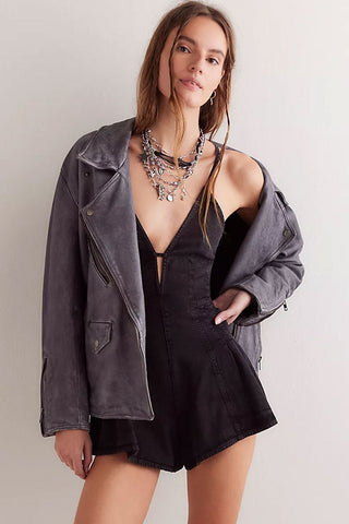 Deep V Bow Tie Backless Pleated Wide Leg Summer Denim Romper