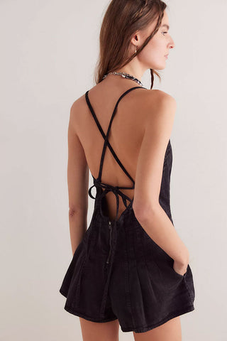 Deep V Bow Tie Backless Pleated Wide Leg Summer Denim Romper