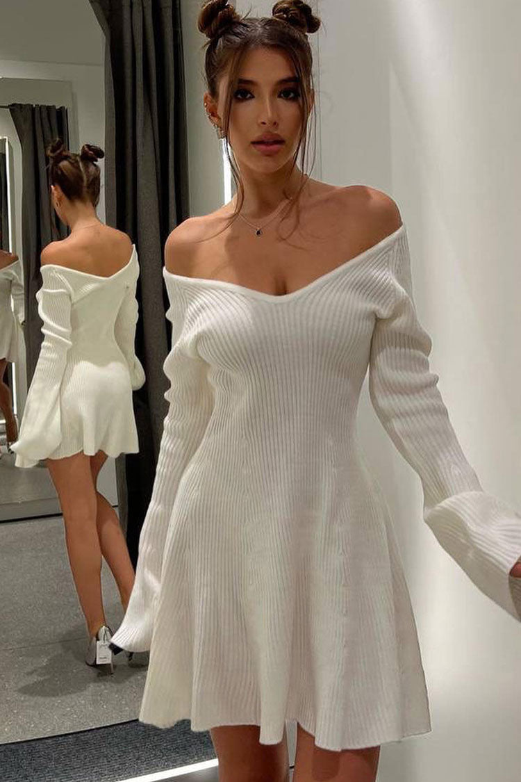 Deep V Neck Long Sleeve A Line Ribbed Knit Winter Party Mini Dress - White