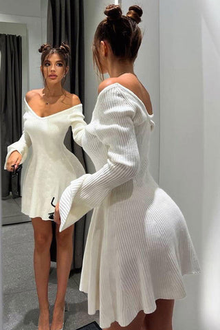 Deep V Neck Long Sleeve A Line Ribbed Knit Winter Party Mini Dress - White