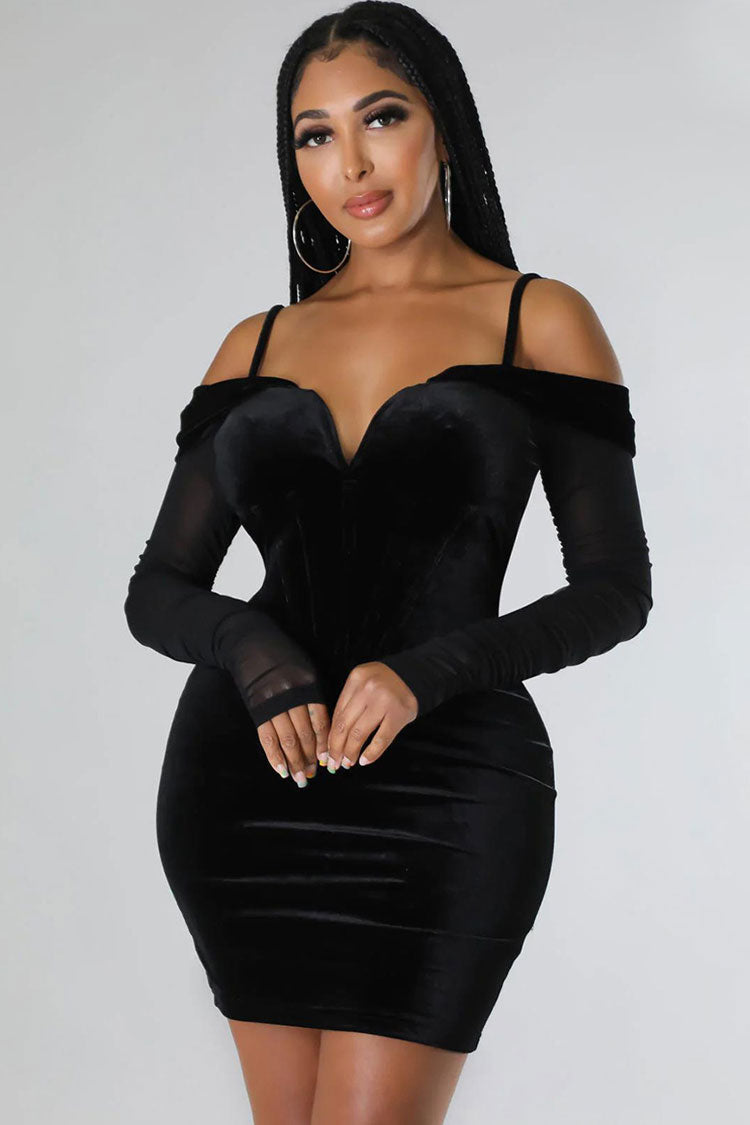 Deep V Sheer Sleeve Velvet Bodycon Corset Party Mini Dress - Black