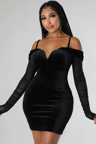 Deep V Sheer Sleeve Velvet Bodycon Corset Party Mini Dress - Black