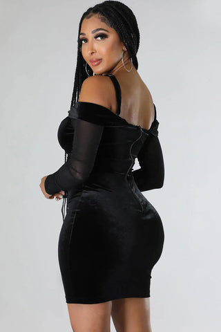 Deep V Sheer Sleeve Velvet Bodycon Corset Party Mini Dress - Black