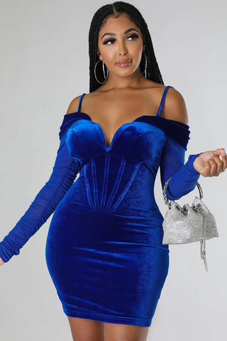 Deep V Sheer Sleeve Velvet Bodycon Corset Party Mini Dress - Royal Blue