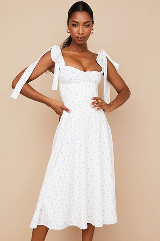 Ditsy Floral Tie Strap Fit & Flare High Slit Slip Midi Sun Dress - White