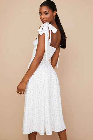 Ditsy Floral Tie Strap Fit & Flare High Slit Slip Midi Sun Dress - White