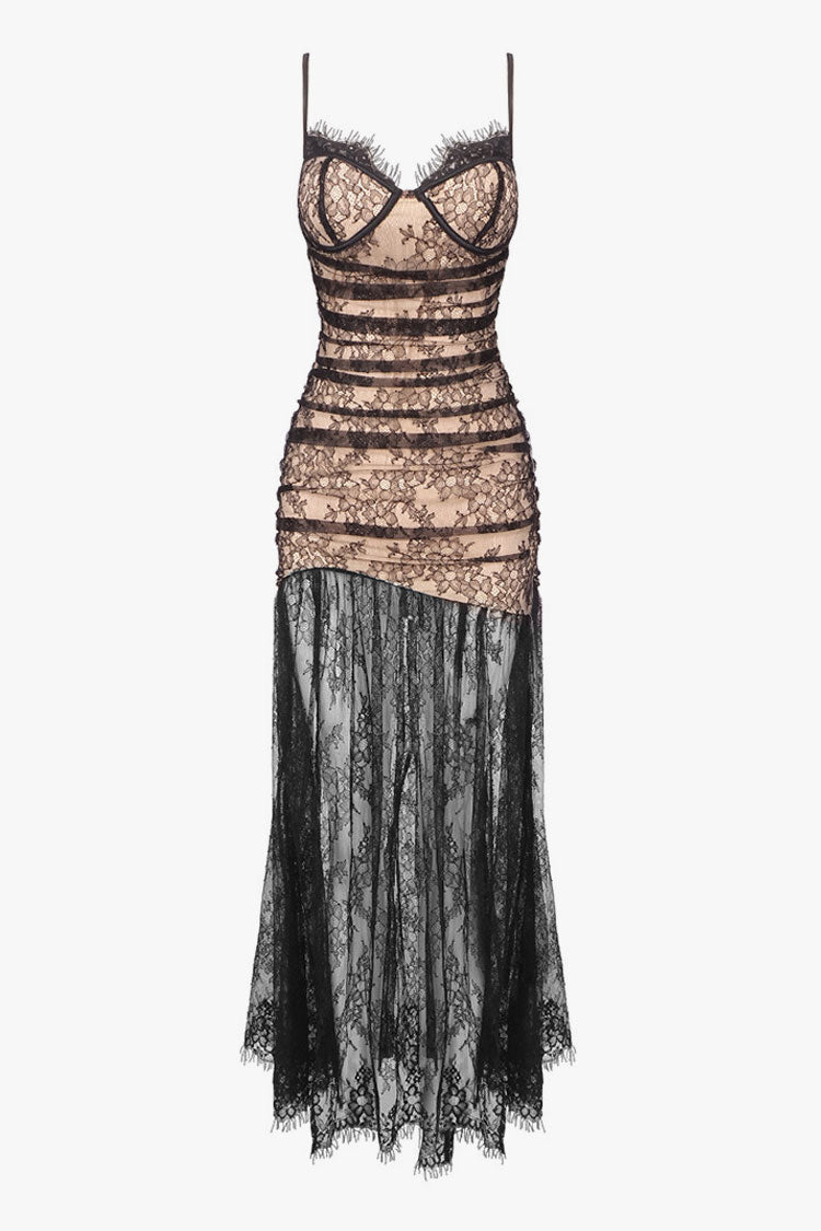 Eyelash Bustier Sleeveless Ruched Floral Lace Split Evening Maxi Dress