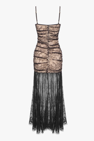Eyelash Bustier Sleeveless Ruched Floral Lace Split Evening Maxi Dress