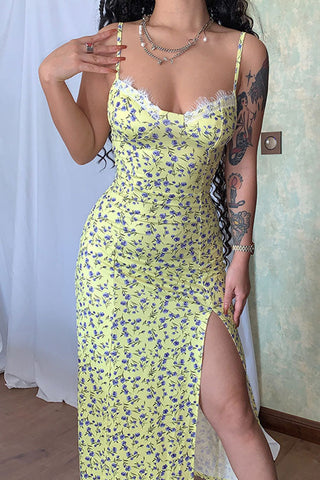Eyelash Sweetheart Spaghetti Strap High Split Summer Floral Midi Sundress - Yellow