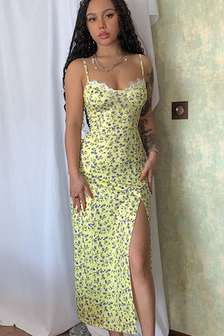 Eyelash Sweetheart Spaghetti Strap High Split Summer Floral Midi Sundress - Yellow