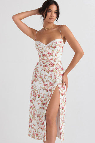 Eyelash Sweetheart Spaghetti Strap High Split Summer Floral Midi Sundress - Red