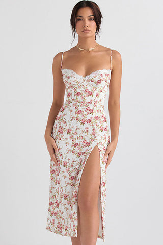 Eyelash Sweetheart Spaghetti Strap High Split Summer Floral Midi Sundress - Red