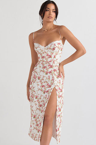 Eyelash Sweetheart Spaghetti Strap High Split Summer Floral Midi Sundress - Red