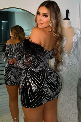 Feather Trim Off Shoulder Rhinestone Bodycon Party Mini Dress - Black