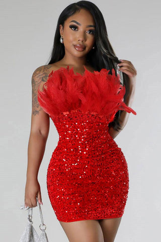 Feather Trim Strapless Bodycon Velvet Sequin Party Mini Dress - Red