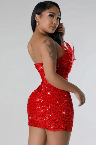 Feather Trim Strapless Bodycon Velvet Sequin Party Mini Dress - Red