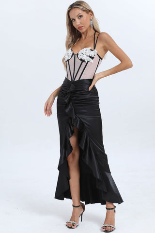 Floral Applique Bustier Sheer Corset Ruffle Satin Fishtail Cocktail Midi Dress