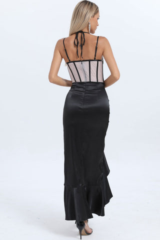 Floral Applique Bustier Sheer Corset Ruffle Satin Fishtail Cocktail Midi Dress