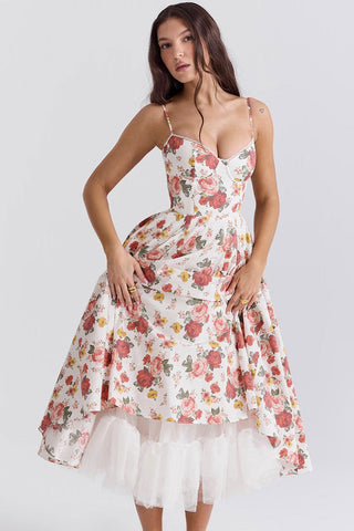 Floral Corset Bustier Fit & Flare Tulle Pocket Vacation Midi Sundress