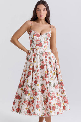 Floral Corset Bustier Fit & Flare Tulle Pocket Vacation Midi Sundress