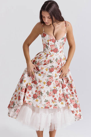 Floral Corset Bustier Fit & Flare Tulle Pocket Vacation Midi Sundress