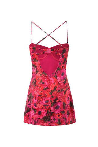 Floral Print Bow Pleated Bustier Cutout Cami Party Micro Mini Dress