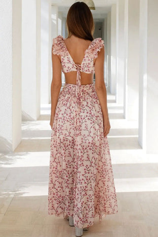 Floral Print Ruffle Plunge O Ring Cutout Chiffon Vacation Maxi Dress