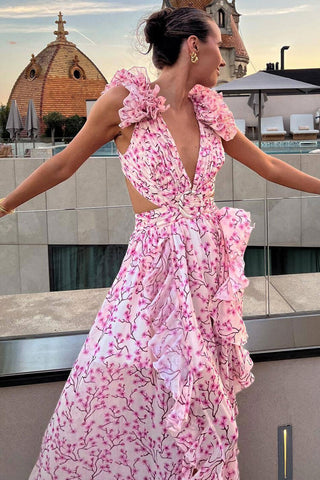Floral Print Ruffle Plunge O Ring Cutout Chiffon Vacation Maxi Dress