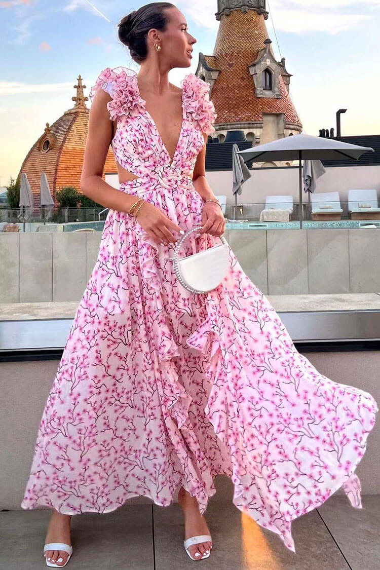 Floral Print Ruffle Plunge O Ring Cutout Chiffon Vacation Maxi Dress