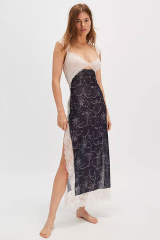 Floral Print Scalloped Lace Cap Sleeve Cutout Summer Slip Midi Dress