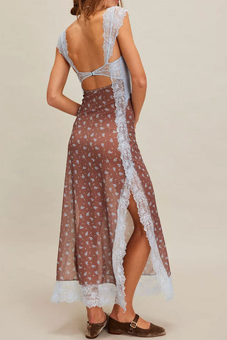 Floral Print Scalloped Lace Cap Sleeve Cutout Summer Slip Midi Dress