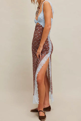 Floral Print Scalloped Lace Cap Sleeve Cutout Summer Slip Midi Dress