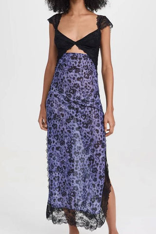 Floral Print Scalloped Lace Cap Sleeve Cutout Summer Slip Midi Dress