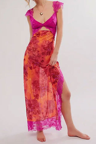 Floral Print Scalloped Lace Cap Sleeve Cutout Summer Slip Midi Dress