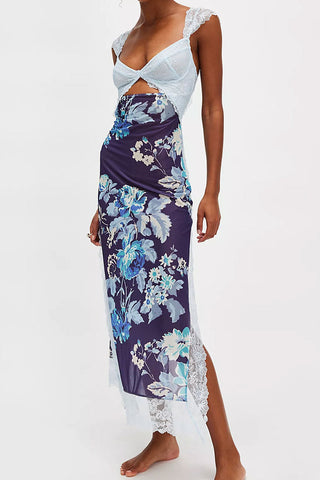 Floral Print Scalloped Lace Cap Sleeve Cutout Summer Slip Midi Dress