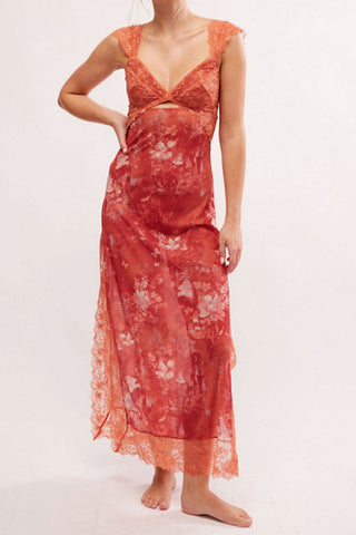 Floral Print Scalloped Lace Cap Sleeve Cutout Summer Slip Midi Dress