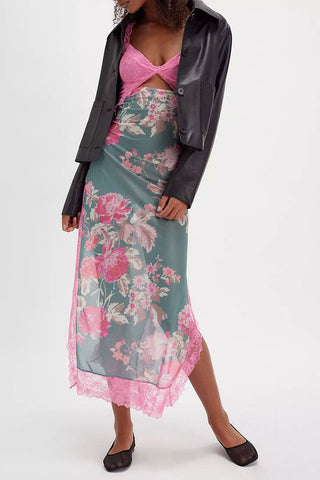 Floral Print Scalloped Lace Cap Sleeve Cutout Summer Slip Midi Dress