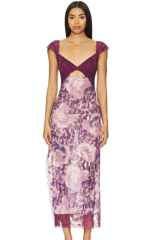 Floral Print Scalloped Lace Cap Sleeve Cutout Summer Slip Midi Dress