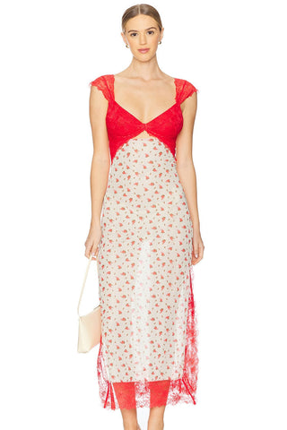 Floral Print Scalloped Lace Cap Sleeve Cutout Summer Slip Midi Dress