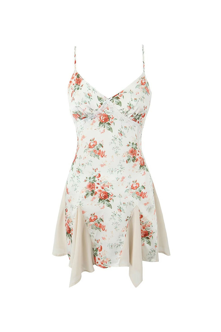 Floral Print Spaghetti Strap Lace Sweetheart Satin Godet Mini Sundress