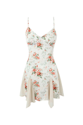 Floral Print Spaghetti Strap Lace Sweetheart Satin Godet Mini Sundress