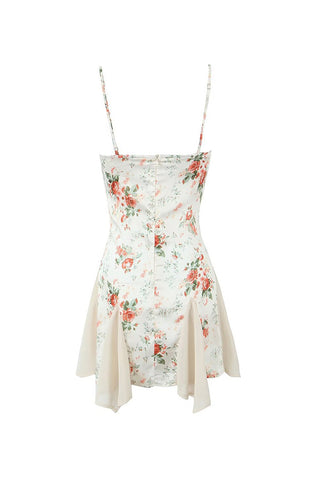 Floral Print Spaghetti Strap Lace Sweetheart Satin Godet Mini Sundress