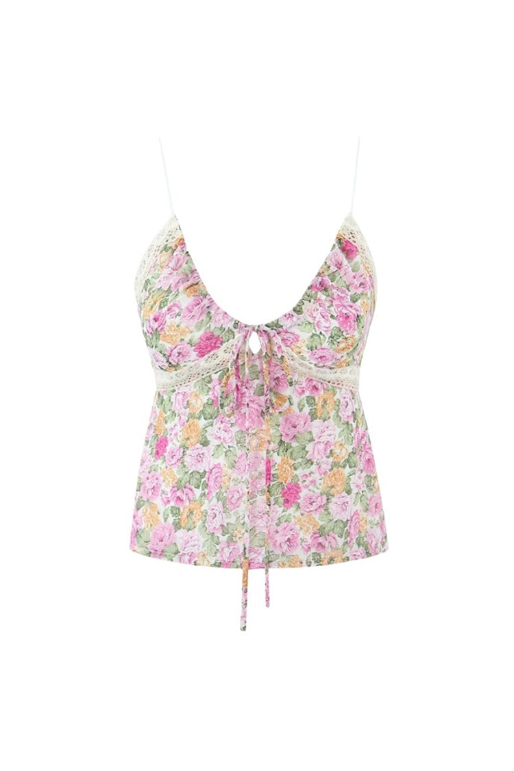 Floral Tie Front V Neck Spaghetti Strap Lace Trim Smocked Tank Top